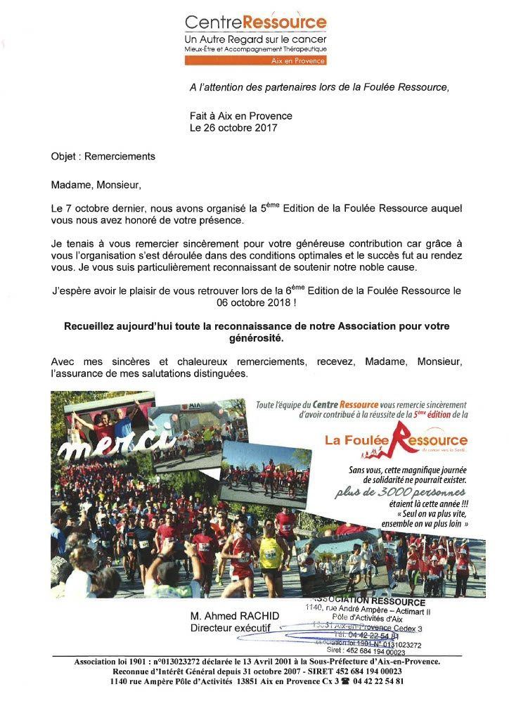 Remerciements - La Foulée Ressource du 7 octobre, 5ème édition